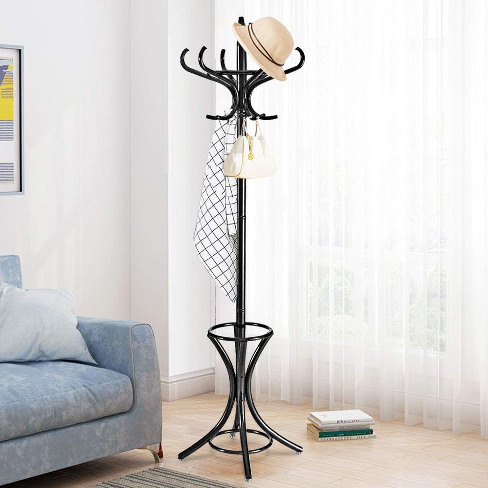 Black wood standing coat rack with a hollow-out umbrella stand, featuring a rotating top tier for easy access to.