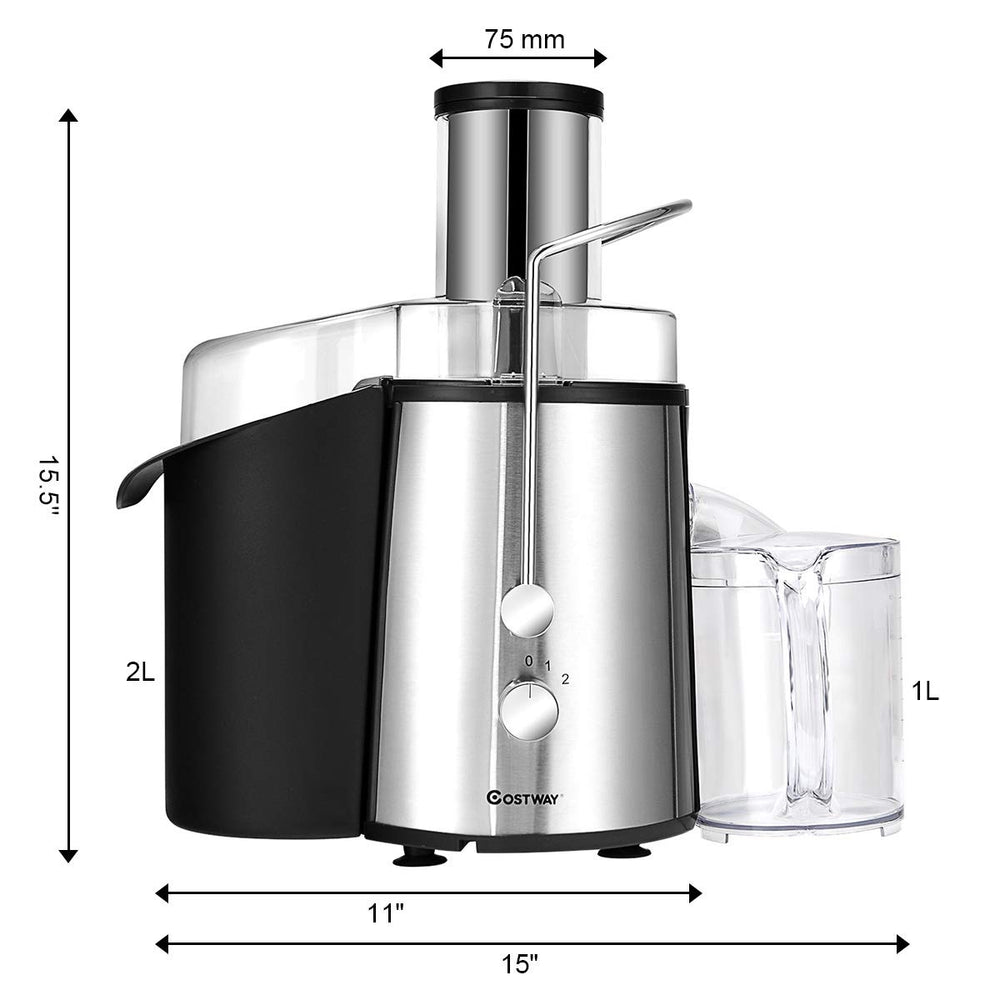 2 Speed Electric Juice Press with 75mm wide feeder chute, stainless steel finish, designed for easy fruit and vegetable.