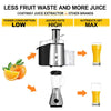 2 Speed Electric Juice Press with 75mm feeder chute for whole fruits, high efficiency, and easy cleaning.
