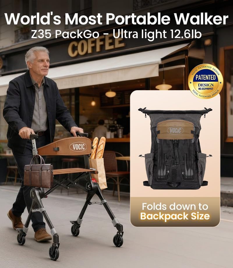 Vocic Z35 PackGo Rollator Walker Lightweight Foldable 300 lb Capacity New