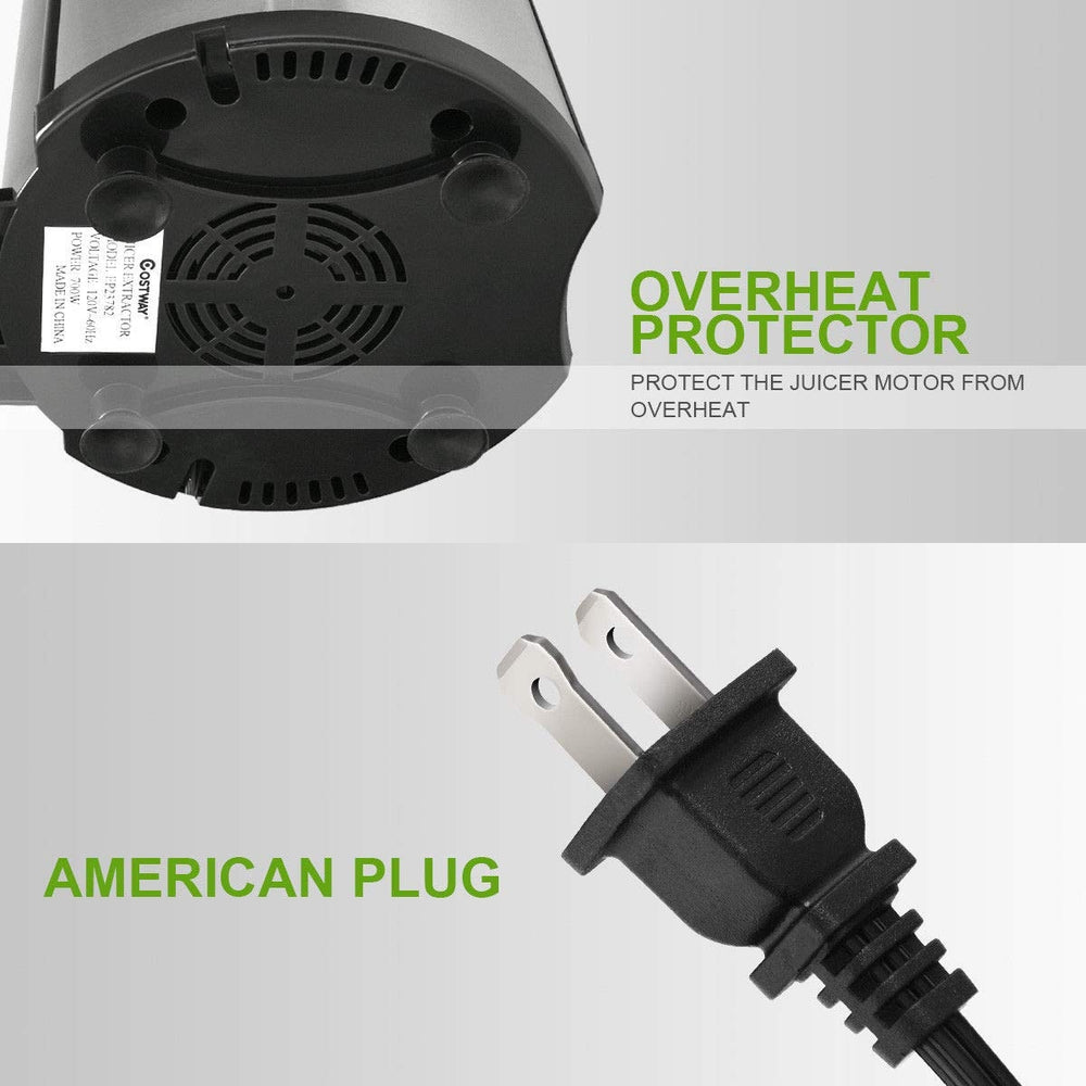 Bottom view of the 2 Speed Electric Juice Press showing the American plug and overheat protector for safe operation.