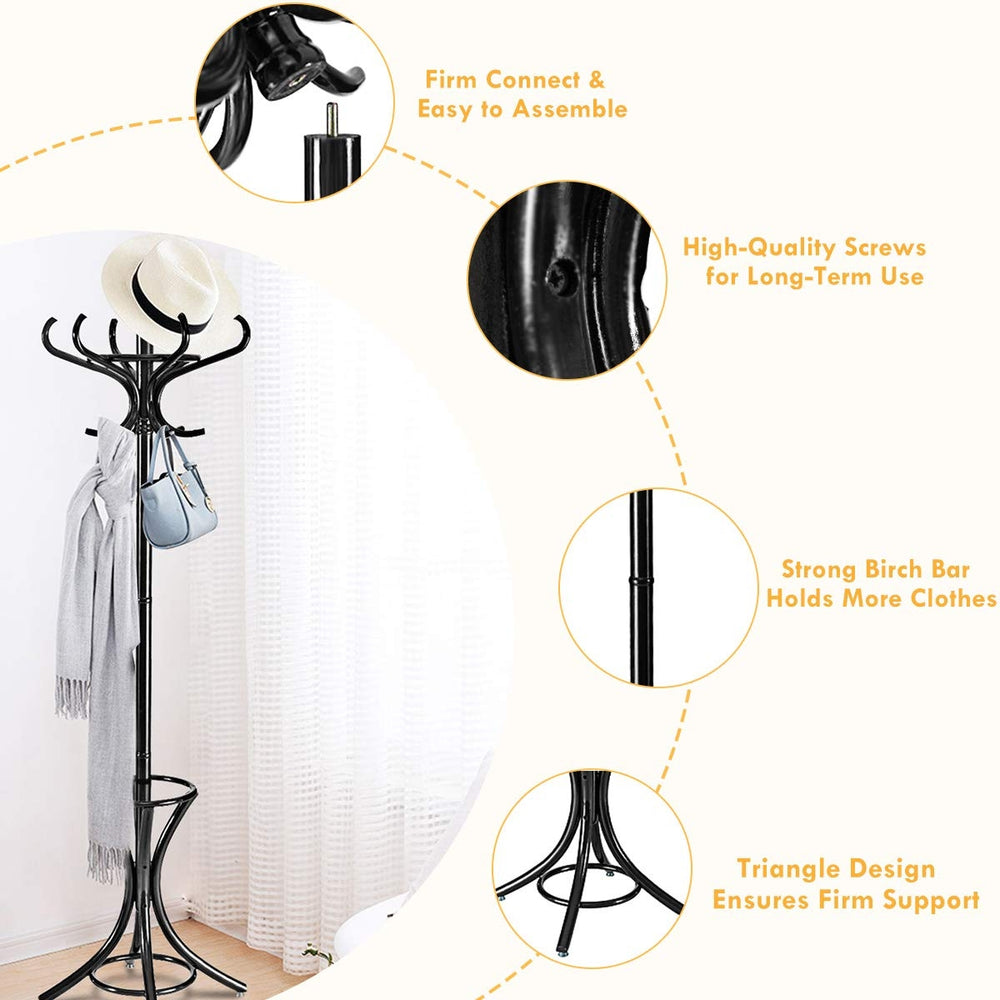 Wood standing coat rack with umbrella stand, featuring 12 hooks and a sturdy birch frame, perfect for stylish entryways.