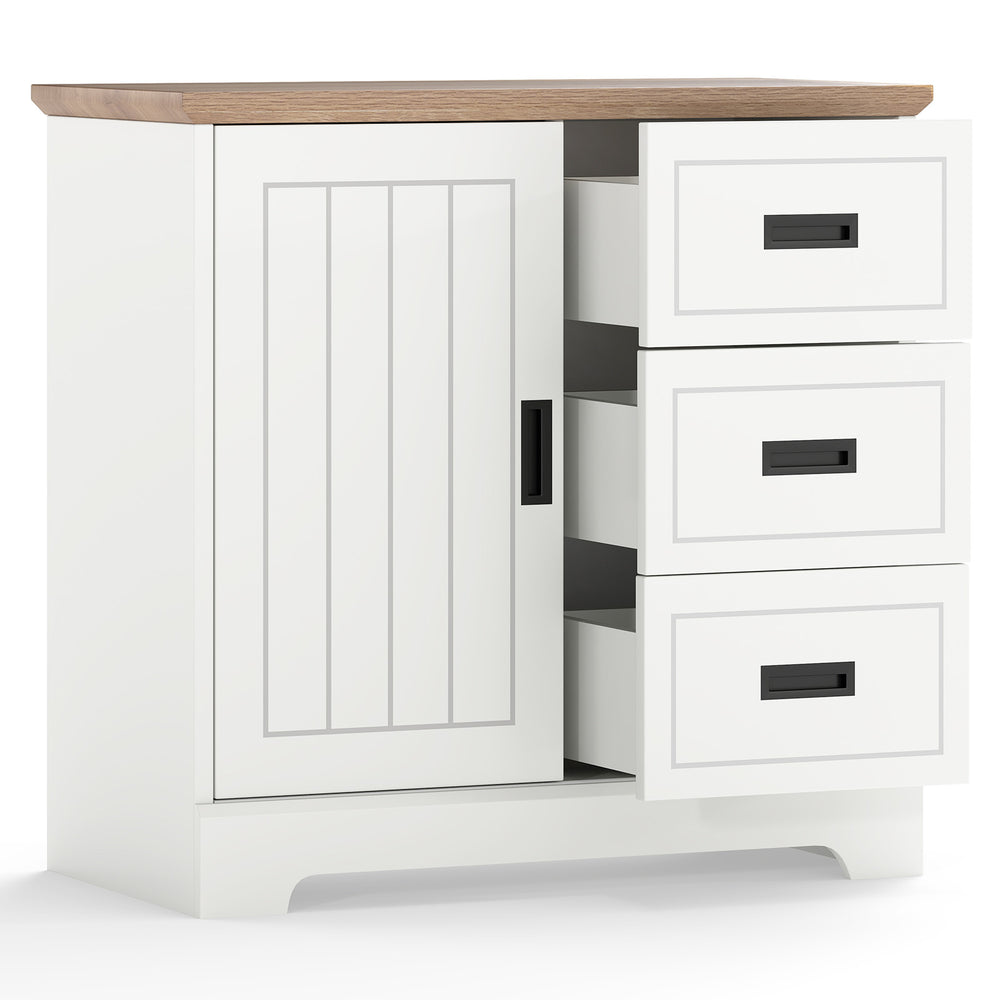 Farmhouse sideboard buffet cabinet in white with sliding doors and three drawers for organized kitchen storage.
