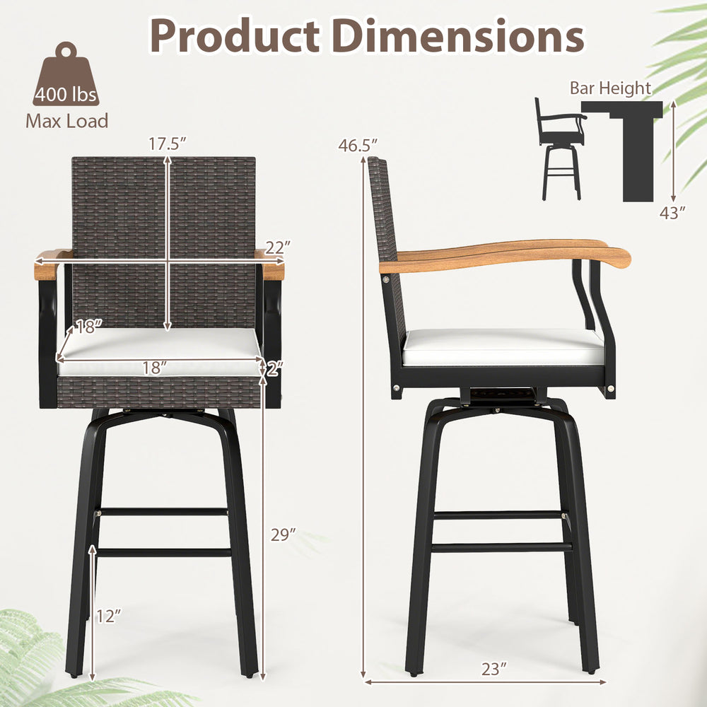 Outdoor 360° swivel bar stool with cushion, brown PE rattan, acacia wood armrests, ideal for backyard or poolside use.