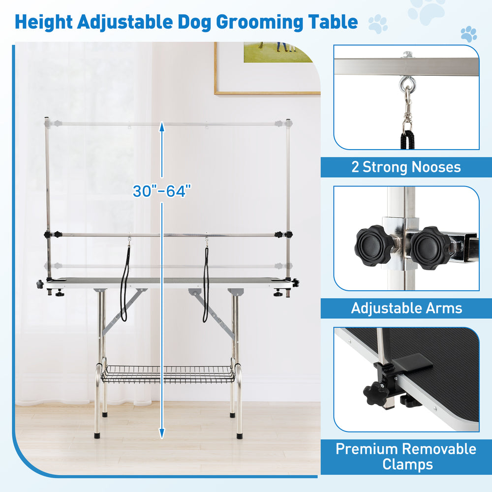 Foldable dog grooming table with height adjustable arms, sturdy frame, and storage tray for pet care and grooming.