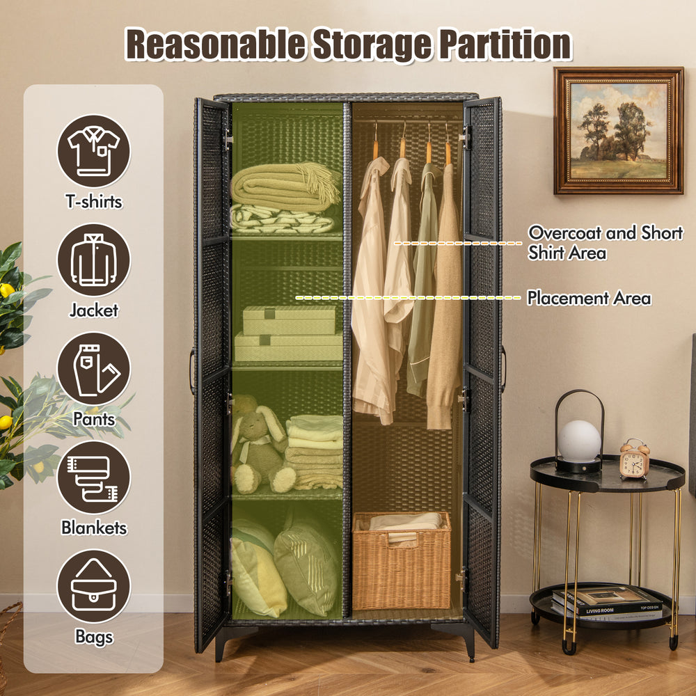 Costway Wicker Wardrobe 62" Rattan Closet with Hanging Rod New