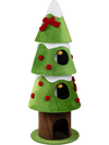 Green 62-inch Christmas cat tree front view with snowy accents, bows, and three cozy condos for cats.