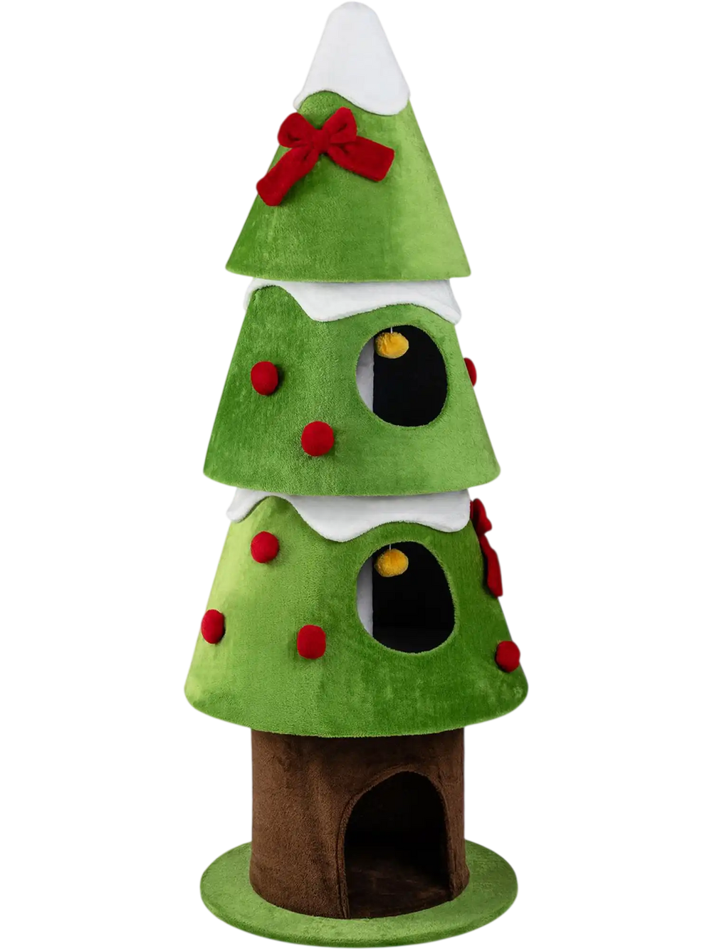 Green 62-inch Christmas cat tree front view with snowy accents, bows, and three cozy condos for cats.