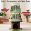 Front view of the green 62" Christmas Cat Tree with 3 Cozy Condos and 2 Hanging Balls, sturdy wide base shown.