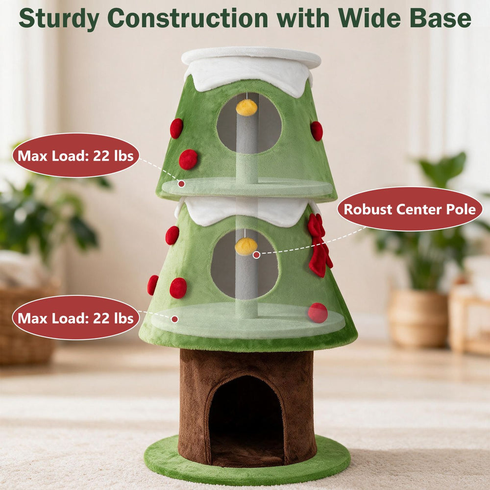 Front view of the green 62" Christmas Cat Tree with 3 Cozy Condos and 2 Hanging Balls, sturdy wide base shown.