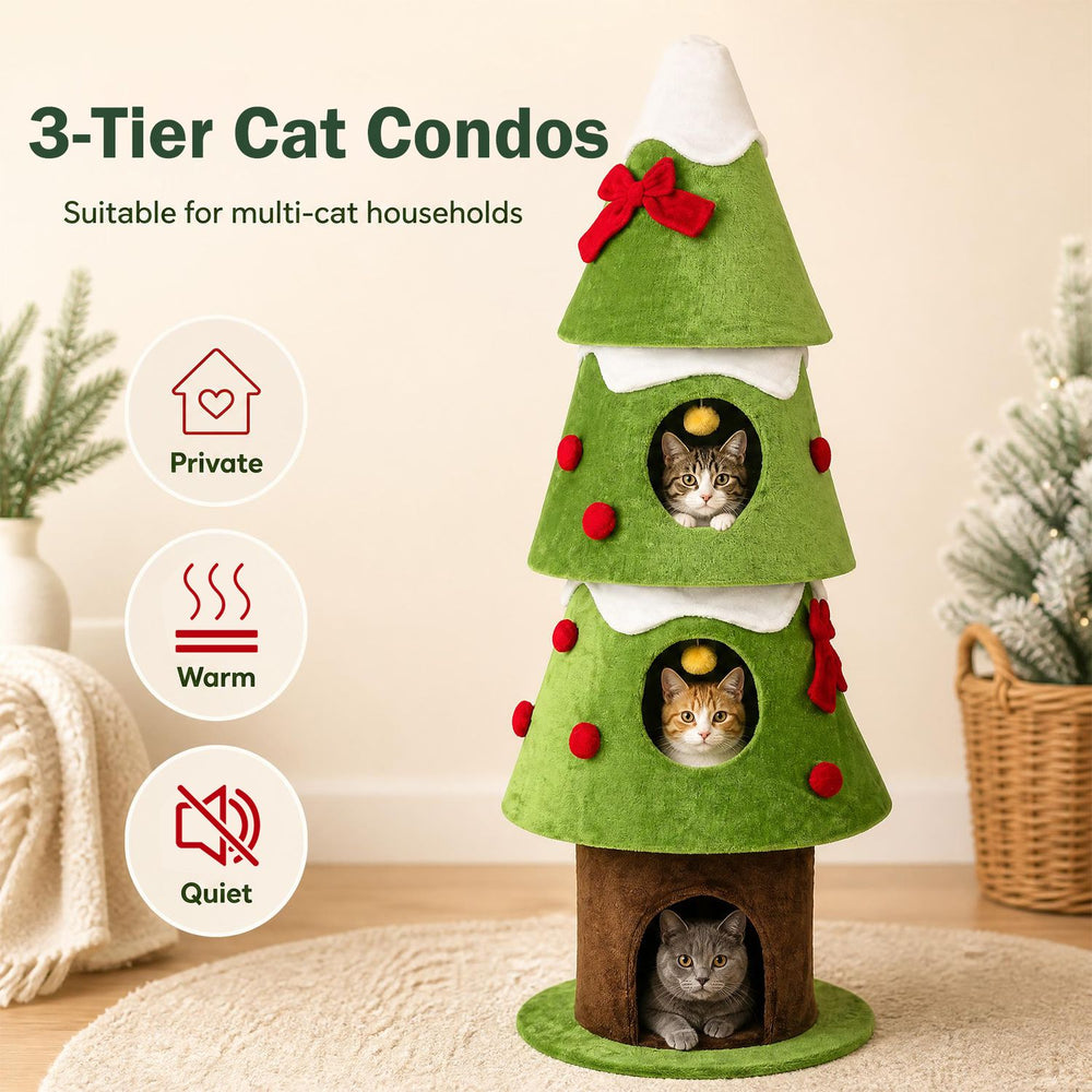 Green 62-inch Christmas cat tree with three cozy condos and snowy accents, shown in a festive living room scene.