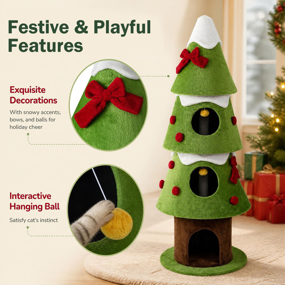 Green 62" Christmas cat tree with snowy accents, red bows, three cozy condos, and hanging balls in a front view.
