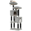 Tall cat tower in light gray with ribbed flannel, featuring two perches, condos, and scratching posts for active cats.
