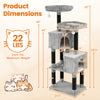 62-inch tall cat tower in light gray with scratching posts, dual condos, and detachable perches for active cats.