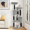 62-inch tall cat tower in light gray with scratching posts, two perches, and condos for multiple cats' lounging and.