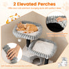 Two elevated perches with soft flannel covering for lounging, featuring detachable beds and plush pompoms for play.
