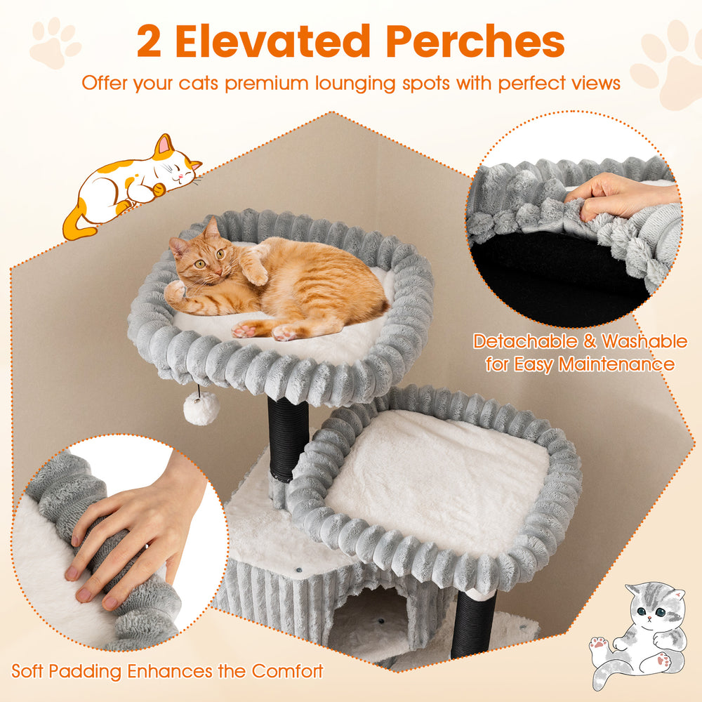 Two elevated perches with soft flannel covering for lounging, featuring detachable beds and plush pompoms for play.