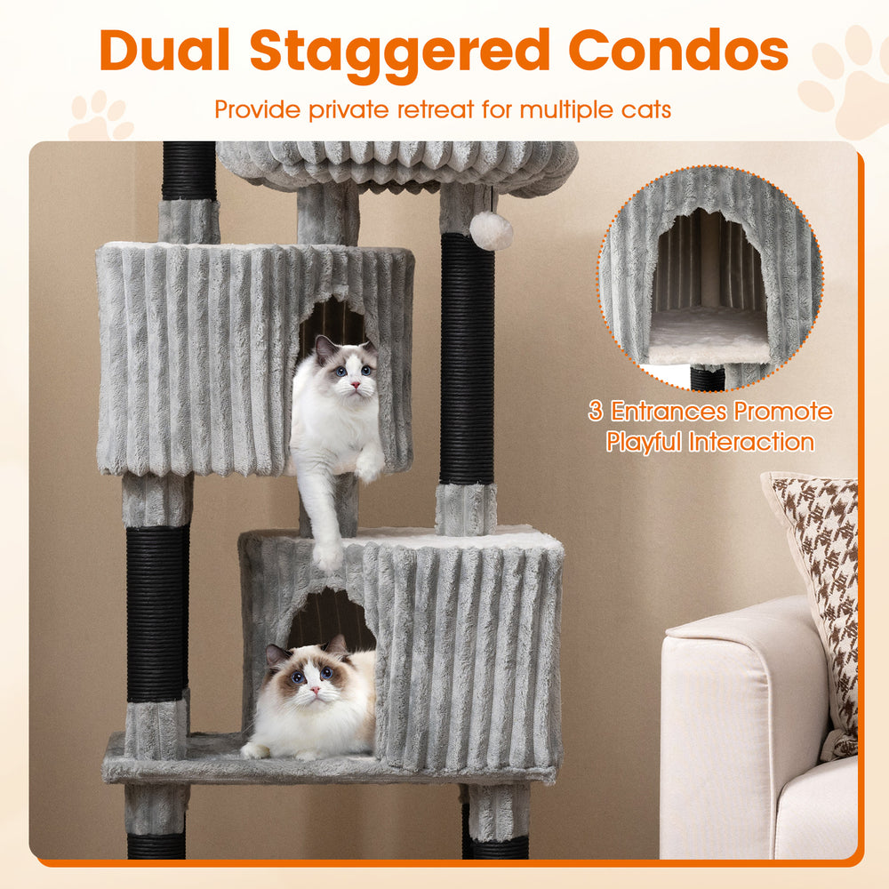 Dual staggered condos in a 62-inch tall cat tower with soft flannel covering, perfect for multiple cats to lounge and.