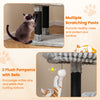 Cat tower featuring multiple scratching posts, plush pompoms, and cozy flannel covering for active play and lounging.