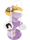 Large cat tower with purple and white platforms, featuring perches, tunnels, and removable toys for playful lounging.