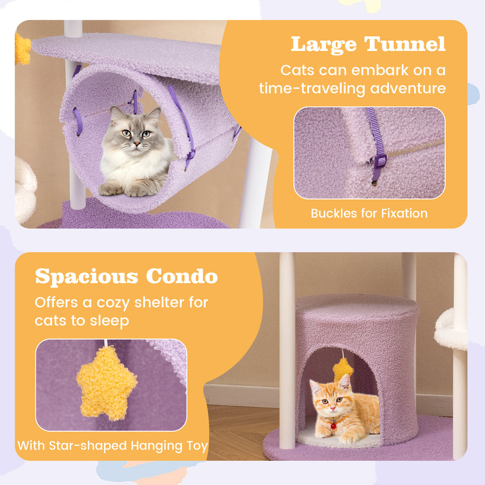 Large tunnel of a 62-inch purple cat tower with buckles for fixation, perfect for cats to explore and play.