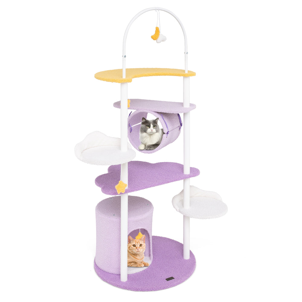 Large cat tower with metal frame in purple featuring multiple platforms, a spacious condo, and removable toys for play.