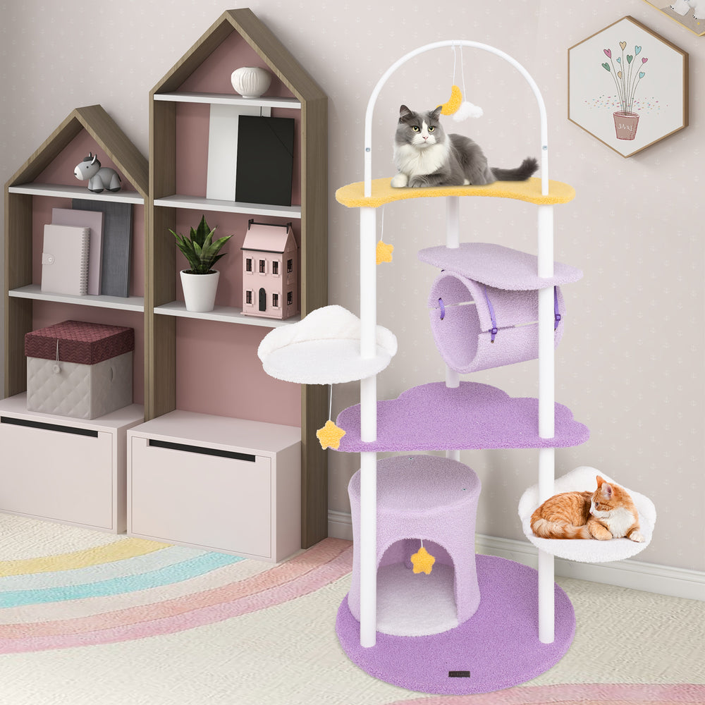 Large cat tower in purple with metal frame, featuring cloud-shaped platforms and a spacious condo for playful lounging.