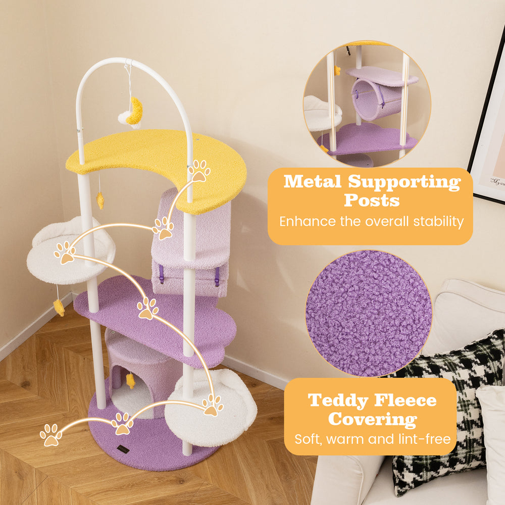 Large cat tower with purple teddy fleece covering, metal frame, and moon-shaped platform for climbing and lounging.