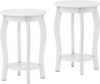 Set of 2 white 15-inch round end tables with storage shelf, featuring rubber wood legs for stability, ideal for any.