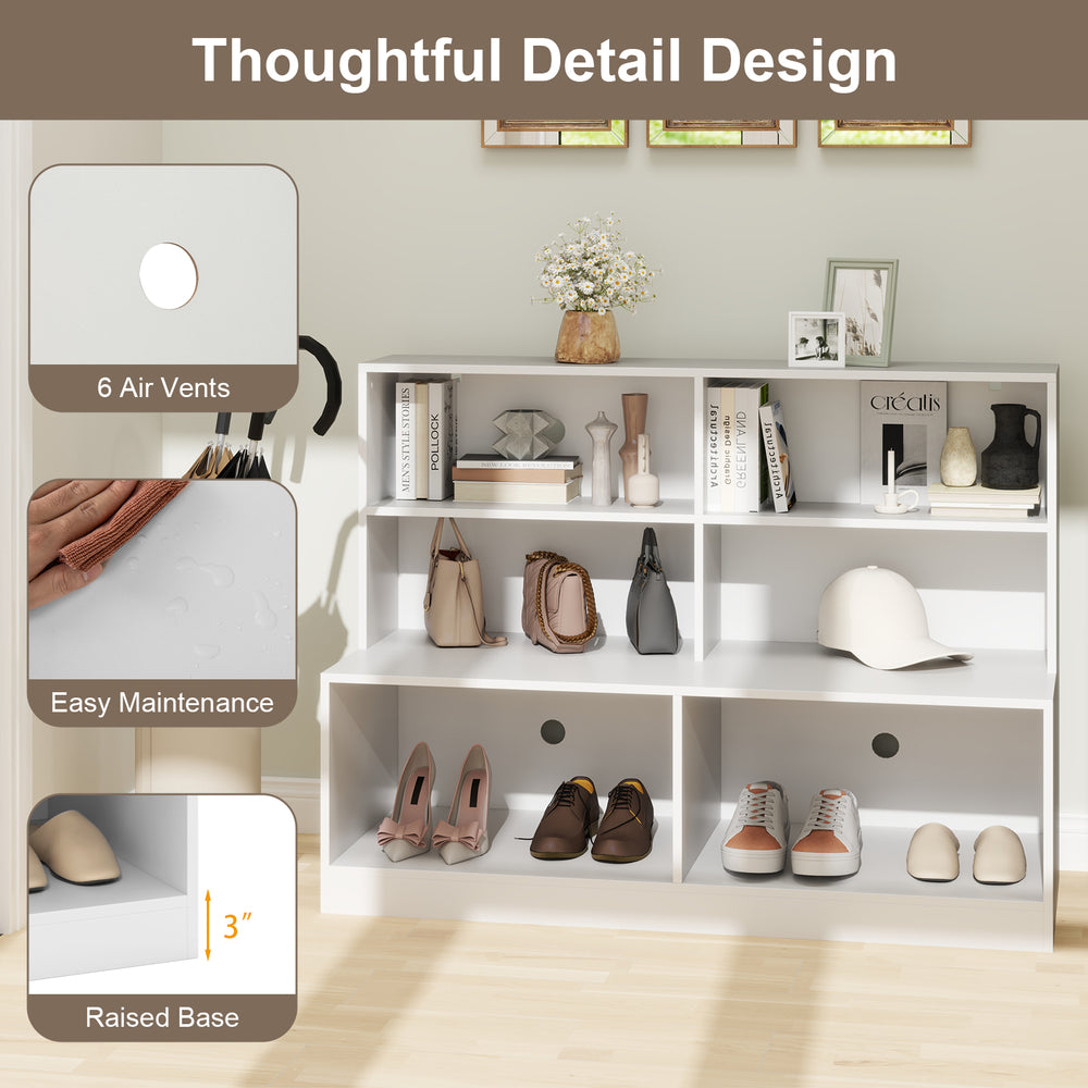 Entryway shoe cabinet in white with 4-cube storage, 2 compartments, and 6 air vents for ventilation and easy.