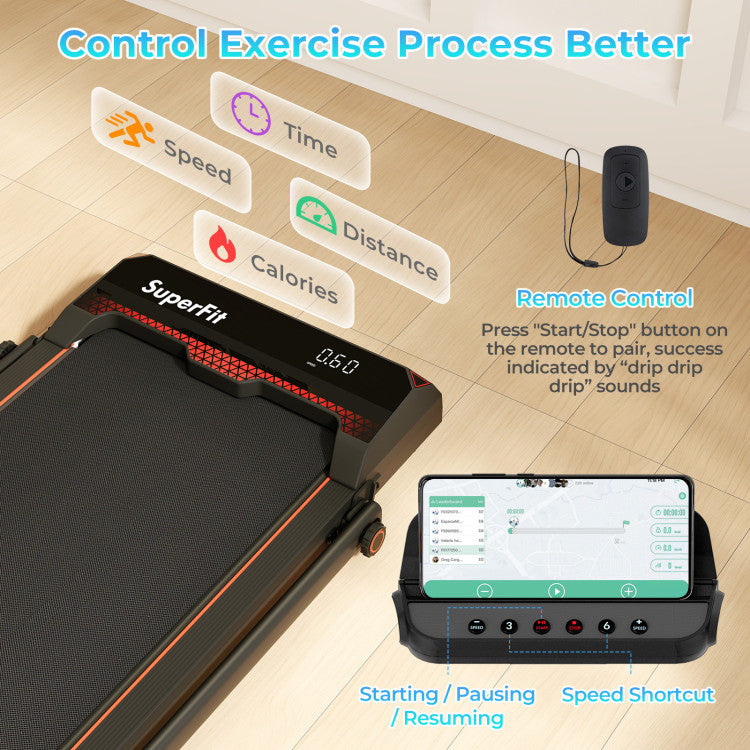 Folding treadmill with LED display for speed, time, and calories, featuring remote control and ultra-thin design.