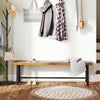 Backless 63-inch acacia wood bench with metal legs, ideal for patio or entryway seating for three people.