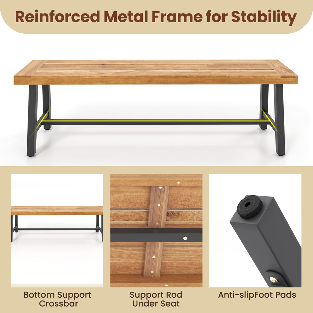 Backless 63-inch acacia wood patio bench with a reinforced metal frame and anti-slip foot pads, ideal for outdoor use.