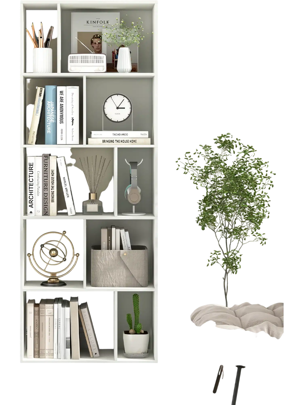 Tall 63-inch white 5-tier geometric bookshelf with 10 cubes for storage and display in a modern home office setting.