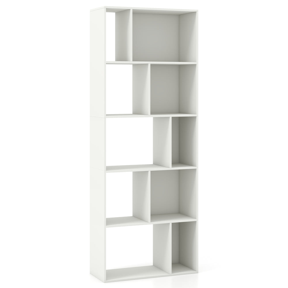 Tall 63-inch white geometric bookshelf with 10 cubes, ideal for storage and display in living room or office.