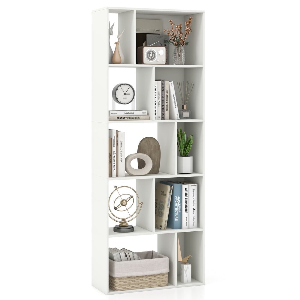 Tall 63-inch white 5-tier geometric bookshelf with 10 cubes for storage and display, ideal for living room or office.