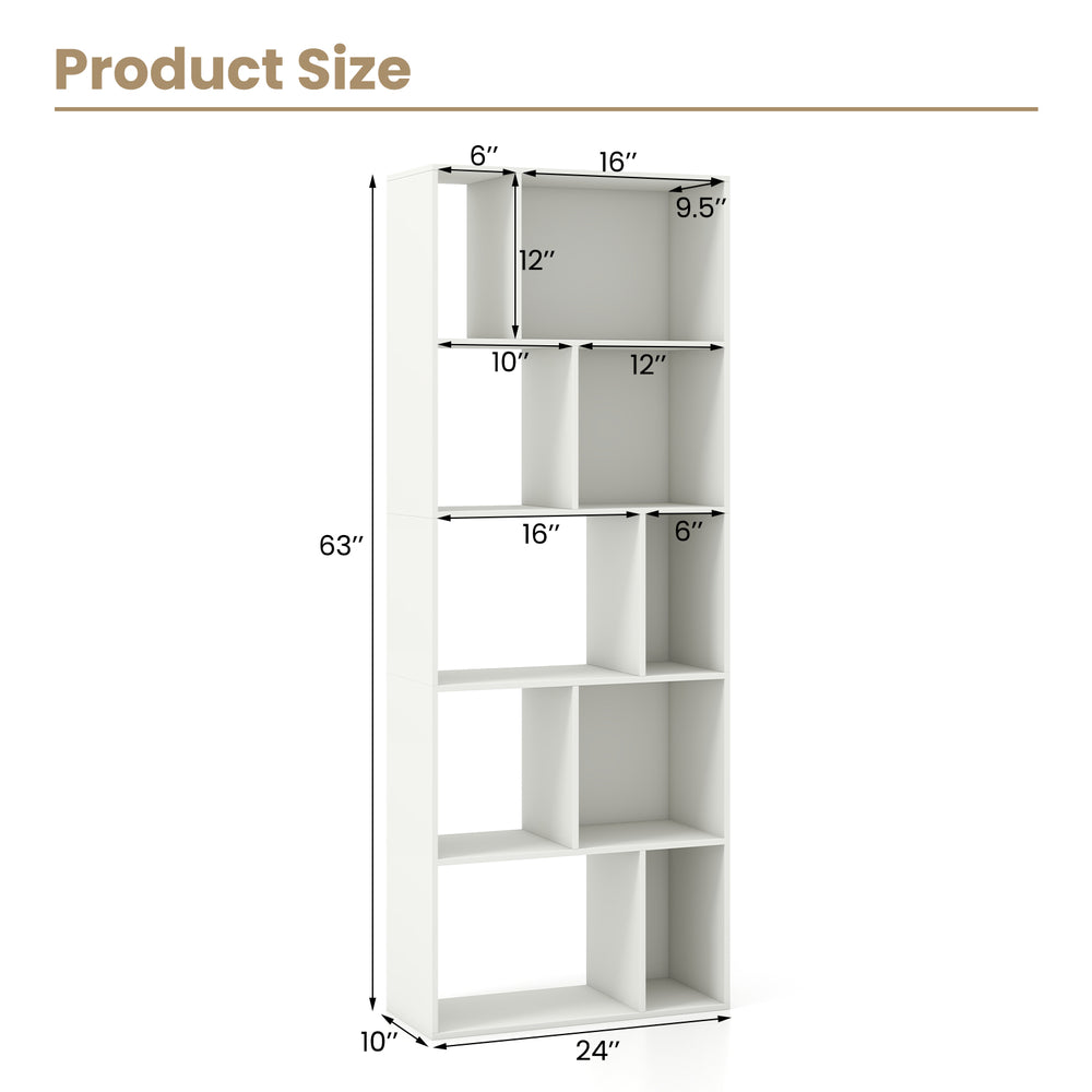63-inch tall white geometric bookshelf with 10 cubes, ideal for storage and display in living room or office.