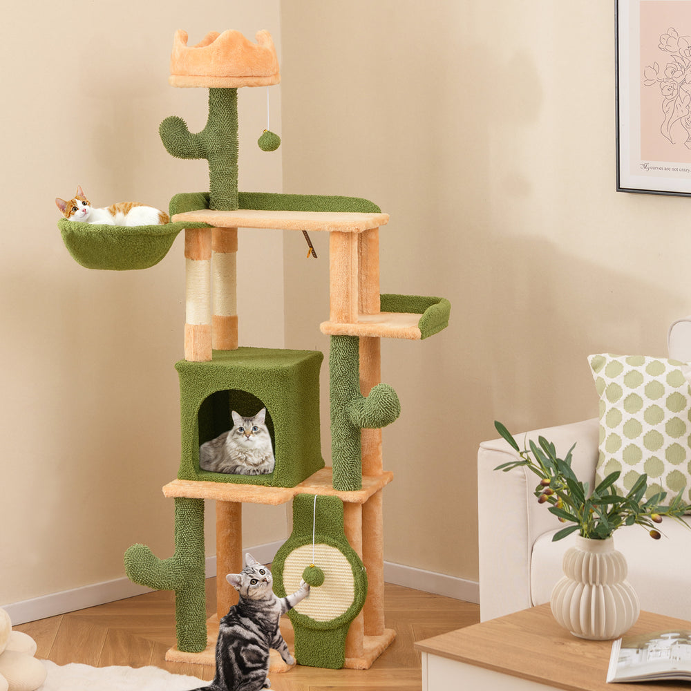 Rotatable hanging basket and cozy perch of the 63 Inch Cactus Cat Tree for indoor cats, featuring soft plush and sisal.