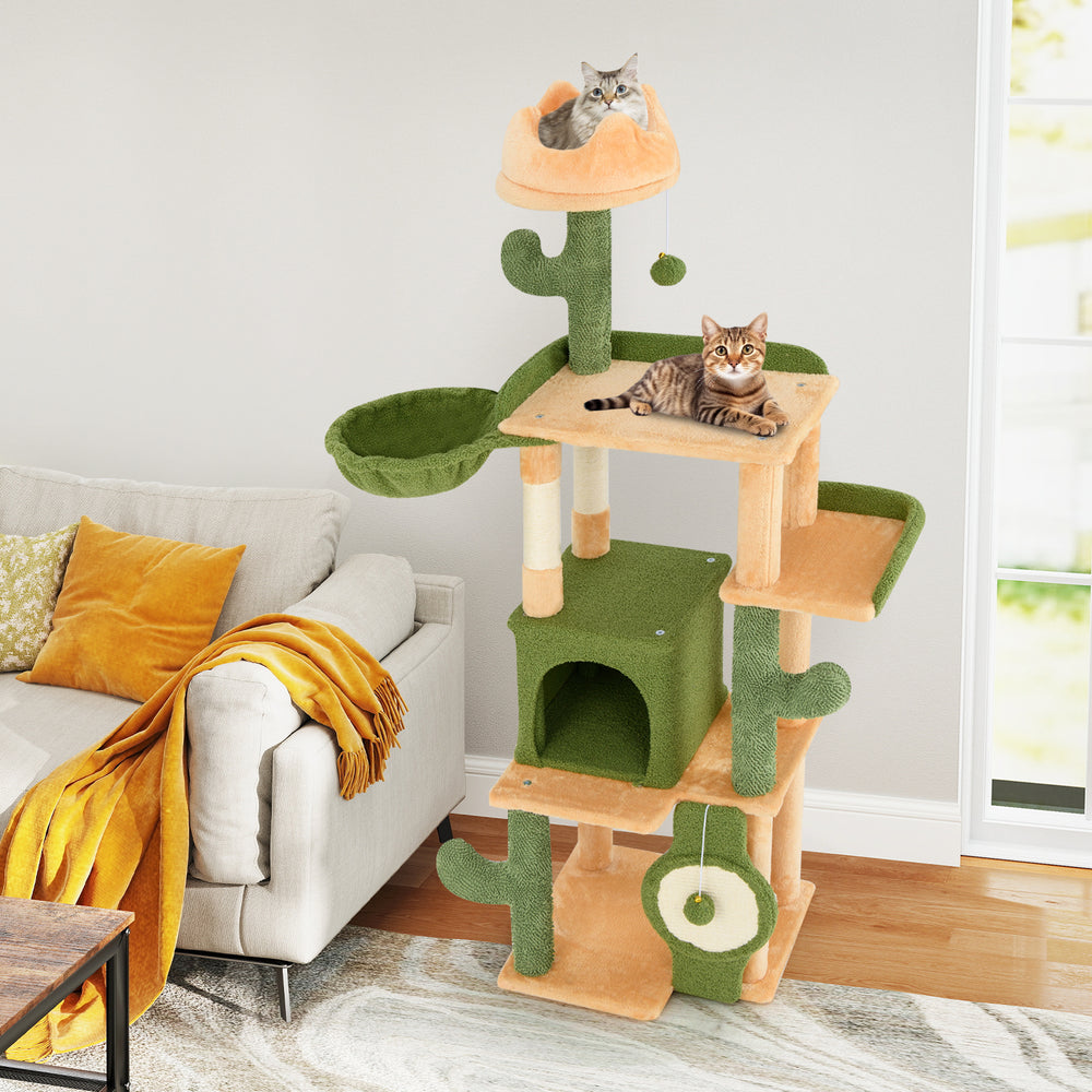 Cactus cat tree with plush top perch, spacious condo, and sisal scratching posts for indoor cats' play and rest.