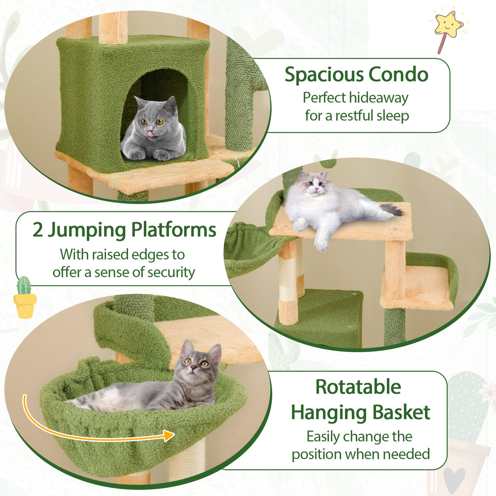 Spacious condo of the 63 Inch Cactus Cat Tree, featuring soft plush for restful sleep and security for indoor cats.