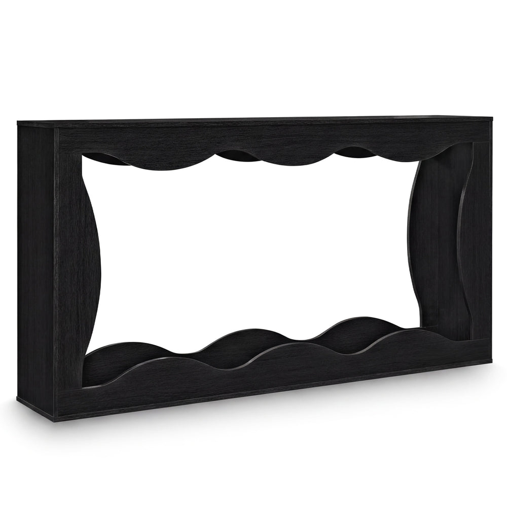 Narrow 63-inch black console table with wavy edge design, featuring a spacious top and open bottom shelf for entryway.
