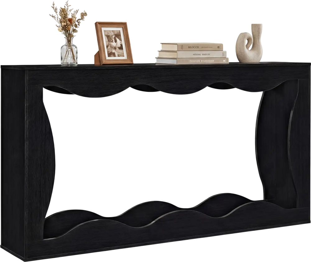 Narrow 63-inch black console table with wavy edge design, featuring a spacious top and open bottom shelf for stylish.
