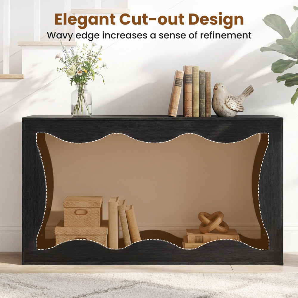 63-inch black console table with wavy edge design, featuring 2-tier storage for entryway or hallway use.