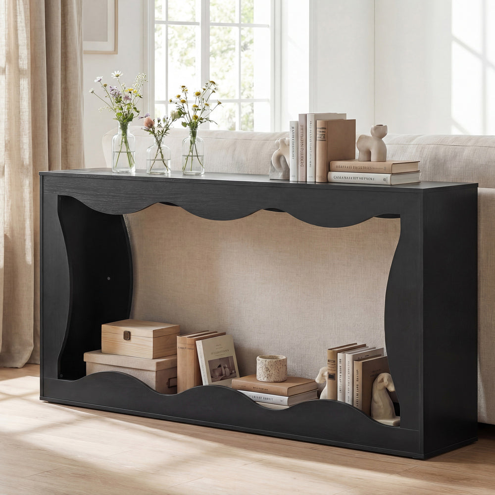 Narrow 63-inch black console table with wavy edge design, featuring 2-tier storage for entryway or living room use.
