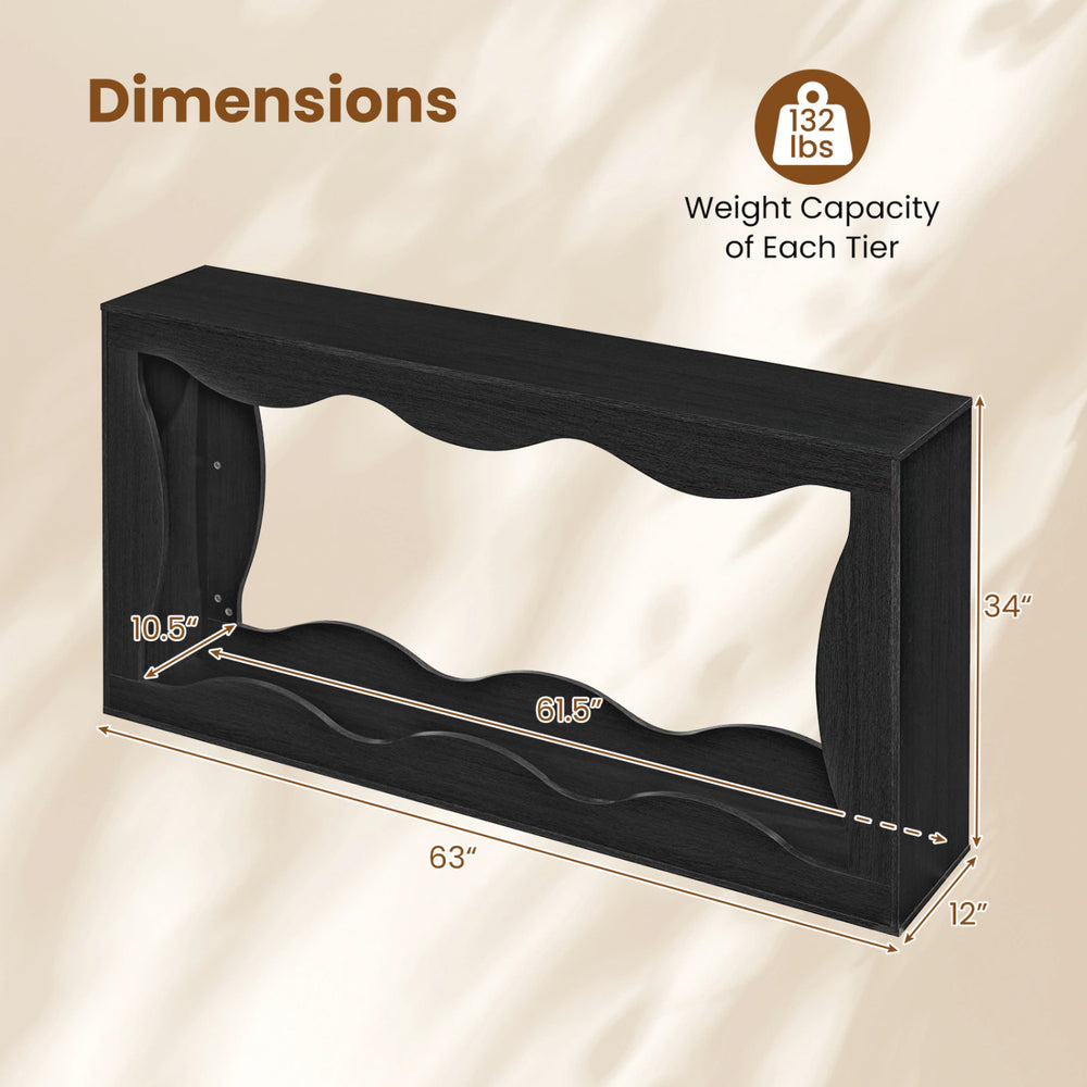 Dimensions of the 63-inch black console table with wavy edge, featuring 2-tier storage for entryway or hallway use.