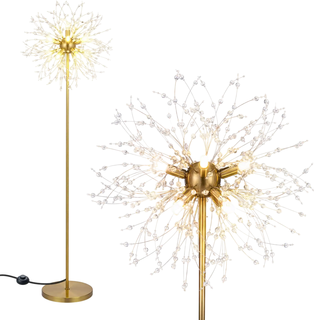 Dandelion design 63-inch gold floor lamp with acrylic crystals, perfect for living rooms and bedrooms.