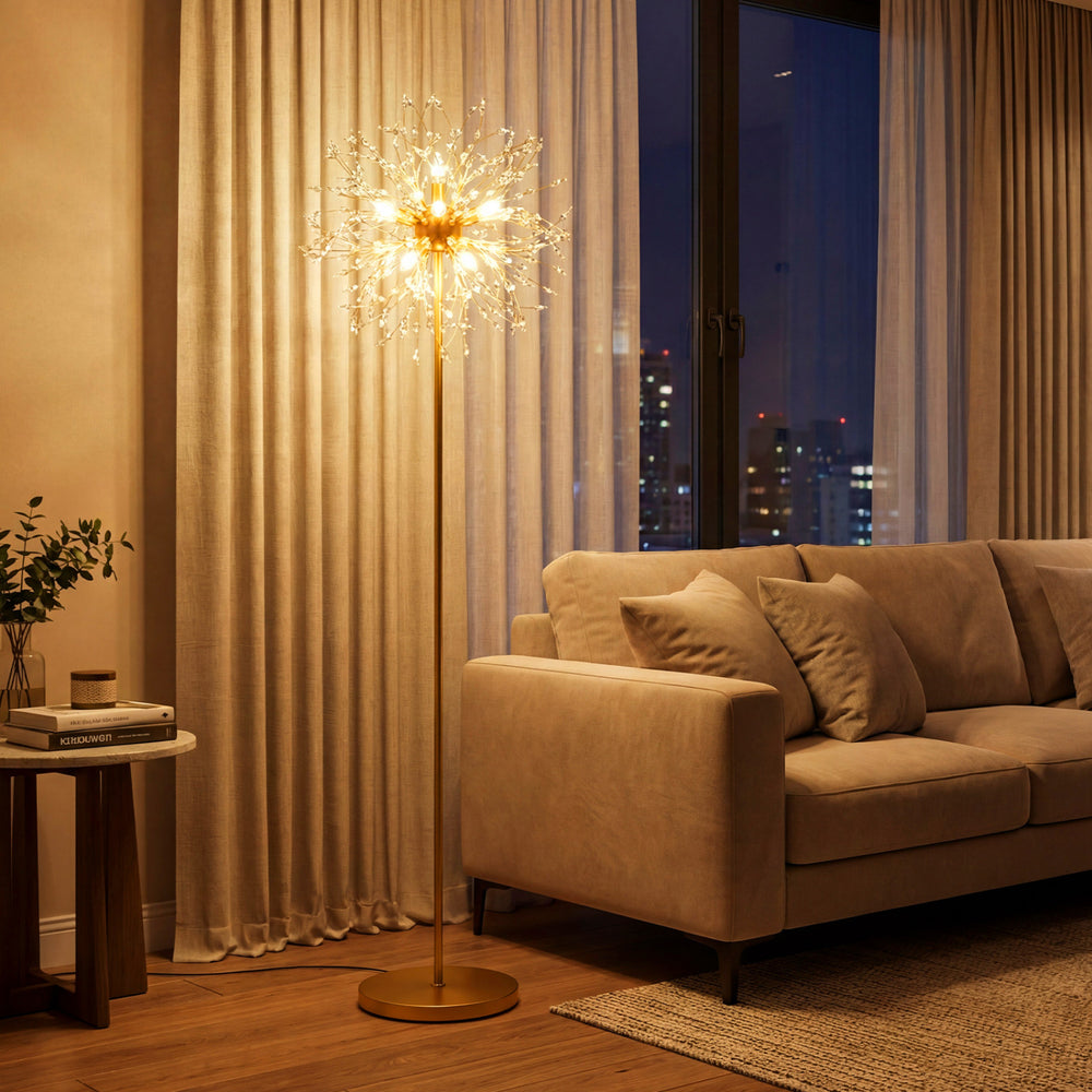 63-inch gold crystal floor lamp featuring a dandelion design with acrylic crystals, perfect for living rooms and.