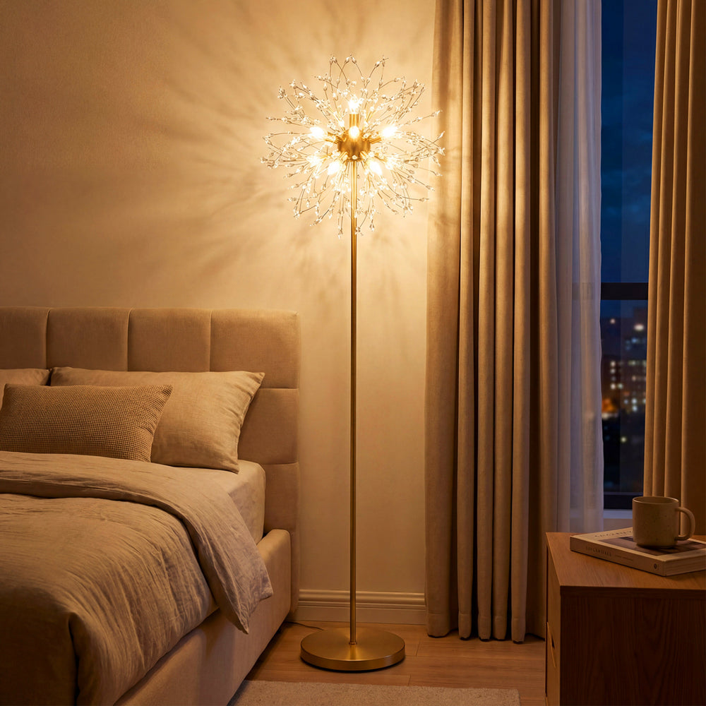 63-inch gold floor lamp featuring a dandelion design with acrylic crystals, perfect for bedrooms and living rooms.