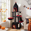 Gothic cat tree in black and red with condo, top cave, and sisal posts, perfect for large cats up to 22 lbs.