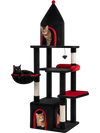 Gothic cat tree in black and red with multiple levels, condos, and sisal posts for large cats over 20 lbs.